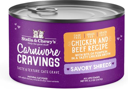 Comida para gatos Carnivore Cravings Savory Shreds Variety Pack, lata de 2.8 oz, caja de 12