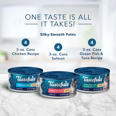 Tastefuls Salmon, Chicken, Ocean Fish & Tuna Entrées Variety Pack Pate Wet Cat Food, 3-oz can, case of 12