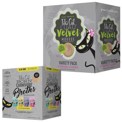 Bundle: Tiki Cat Velvet Mousse Variety Pack Grain-Free Wet Cat Food, 2.8-oz pouch, case of 12 + Tiki Cat Broths Variety Pack Grain-free Wet Cat Food Topper, 1.3-oz pouch, case of 12