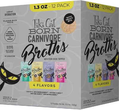 Bundle: Tiki Cat Velvet Mousse Variety Pack Grain-Free Wet Cat Food, 2.8-oz pouch, case of 12 + Tiki Cat Broths Variety Pack Grain-free Wet Cat Food Topper, 1.3-oz pouch, case of 12