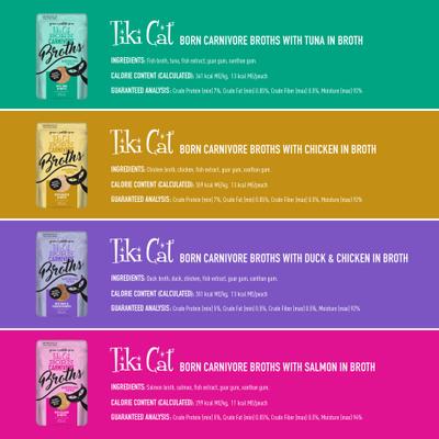 Bundle: Tiki Cat Velvet Mousse Variety Pack Grain-Free Wet Cat Food, 2.8-oz pouch, case of 12 + Tiki Cat Broths Variety Pack Grain-free Wet Cat Food Topper, 1.3-oz pouch, case of 12