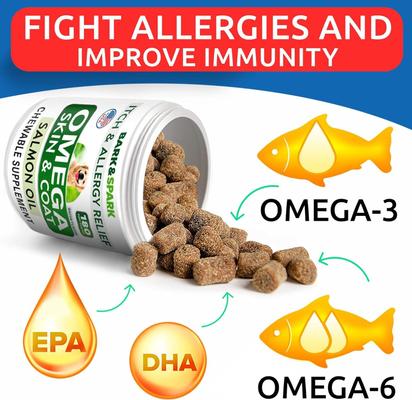 Allergy Relief & Itch Relief with Omega 3 Skin & Coat with Salmon Oil Chew Supplement for Dogs, 180 count