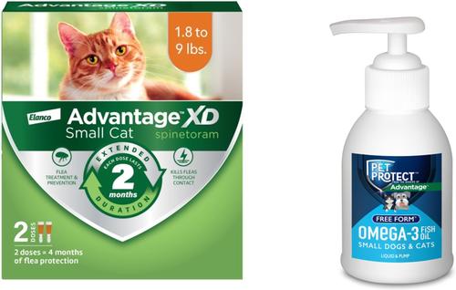 Bundle: Advantage XD Small Cat Treatment, 2 count + Pet Protect Free Form Omega-3 Fish Oil Liquid Supplement for Small Dogs & Cats, 4-fl oz bottle