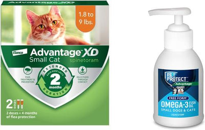 Bundle: Advantage XD Small Cat Treatment, 2 count + Pet Protect Free Form Omega-3 Fish Oil Liquid Supplement for Small Dogs & Cats, 4-fl oz bottle