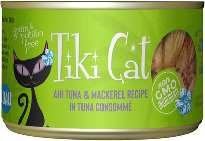 Comida enlatada para gatos Luau Ahi Tuna & Mackerel en consomé de atún sin cereales, 2.8 oz, caja de 12