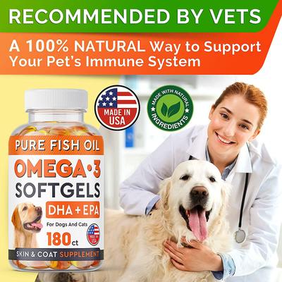 Omega 3 Fish Oil Pills & Skin & Coat Supports Joints Brain Heart & Overall Health Supplement for Dogs, 180 count
