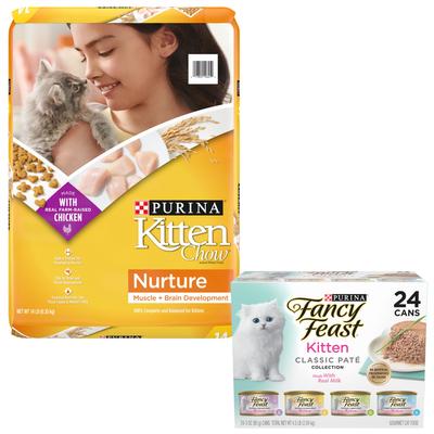 Bundle: Kitten Chow Nurture Muscle & Brain Development Dry Cat Food + Fancy Feast Tender Feast Variety Pack Canned Kitten Food