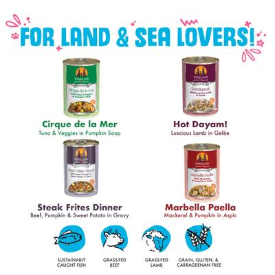 Alimento enlatado para perros sin pollo Just 4 Me, paquete variado, sin cereales, 14 oz, caja de 12