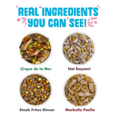 Alimento enlatado para perros sin pollo Just 4 Me, paquete variado, sin cereales, 14 oz, caja de 12