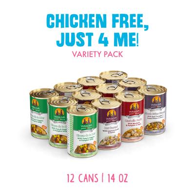 Alimento enlatado para perros sin pollo Just 4 Me, paquete variado, sin cereales, 14 oz, caja de 12
