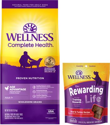 Paquete: Alimento seco para perros Wellness Complete Health Senior con pollo deshuesado y cebada (bolsa de 13.6 kg) + Premios Wellness WellBites con carne de res y pavo, suaves y masticables, sin cereales (bolsa de 173 g)
