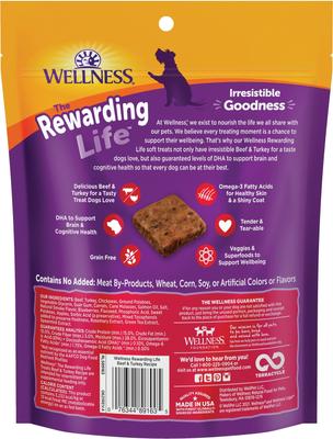 Paquete: Alimento seco para perros Wellness Complete Health Senior con pollo deshuesado y cebada (bolsa de 13.6 kg) + Premios Wellness WellBites con carne de res y pavo, suaves y masticables, sin cereales (bolsa de 173 g)