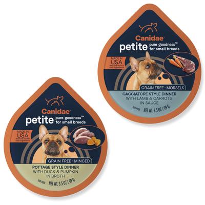 Bundle: CANIDAE PURE Petite Small Breed Pottage Style Dinner with Duck & Pumpkin Breed + Small Breed Cacciatore Style Dinner with Lamb & Carrots Wet Dog Food Trays