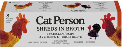Comida húmeda para gatos Cat Person de Weruva con pollo y pavo desmenuzado en caldo, paquete variado, sin cereales, 2.75 oz (8 unidades)