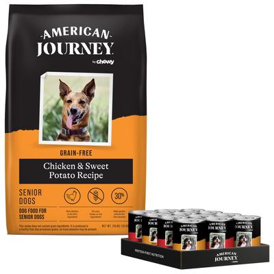 Bundle: American Journey Grain-Free Senior Chicken & Sweet Potato Recipe Dry Dog Food + Poultry & Beef Variety Pack Grain-Free Canned Dog Food