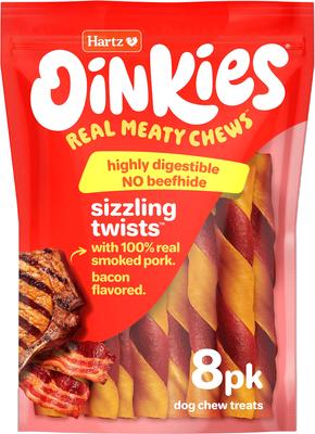 Oinkies Sizzling Twists with 100% Real Smoked Pork Bacon Flavored Rawhide-Free Natural Dog Treats, 8 count