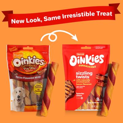 Oinkies Sizzling Twists with 100% Real Smoked Pork Bacon Flavored Rawhide-Free Natural Dog Treats, 8 count