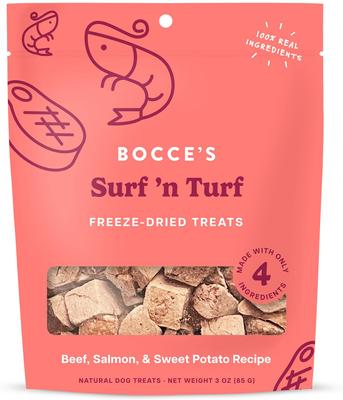 Premios liofilizados de carne y salmón para perros y gatos con alto contenido proteico Surf & Turf, bolsa de 85 g