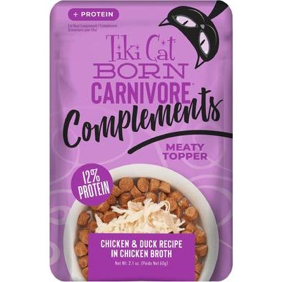 Born Carnivore Complements Chicken & Duck Recipe in Chicken Broth Grain-Free Wet Cat Food Topper, bolsa de 2.1 oz, caja de 12