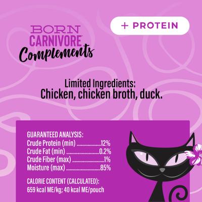 Born Carnivore Complements Chicken & Duck Recipe in Chicken Broth Grain-Free Wet Cat Food Topper, bolsa de 2.1 oz, caja de 12