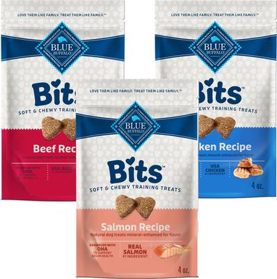 Bundle: Variety Pack - Blue Buffalo Blue Bits Tender Beef Recipe Soft-Moist Training Dog Treats, 4-oz bag, Chicken & Salmon Flavors