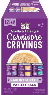 Comida para gatos Carnivore Cravings Savory Shreds Variety Pack, lata de 2.8 oz, caja de 12