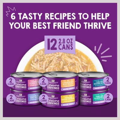 Comida para gatos Carnivore Cravings Savory Shreds Variety Pack, lata de 2.8 oz, caja de 12