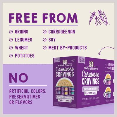 Comida para gatos Carnivore Cravings Savory Shreds Variety Pack, lata de 2.8 oz, caja de 12