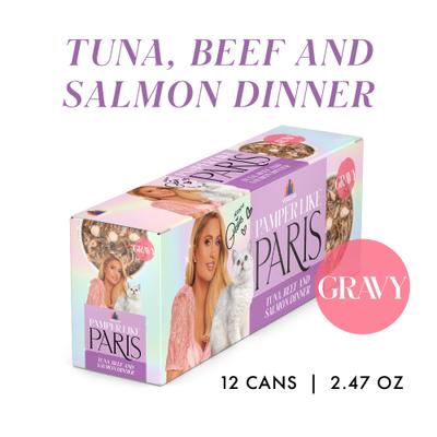 Comida húmeda desmenuzada sin cereales para gatos con atún, carne y salmón, lata de 2.47 oz, caja de 12