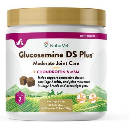 NaturVet, Moderate Joint Care Glucosamine DS Plus, glucosamina, MSM, condroitina y omegas para articulaciones de perros y gatos, tabletas y masticables