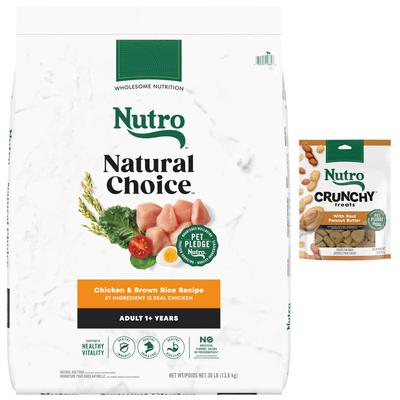 Paquete: Alimento seco para perros Nutro Natural Choice con pollo y arroz integral para adultos + premios crujientes con mantequilla de cacahuete real