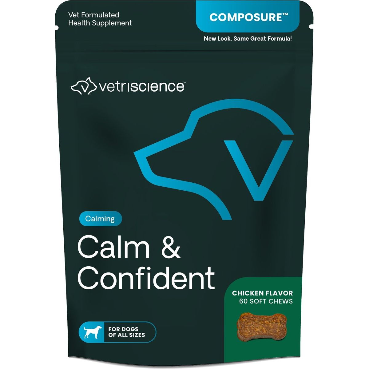 VetriScience Composure Calm & Confident sabor pollo/hígado de pollo 60 masticables, foto rescatada (revisar equivalencia visual exacta)
