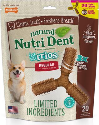Nutri Dent Easy Hold Trios Dental Dog Treat, Filet Mignon, Medium, 20 count