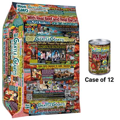 Paquete: Alimento húmedo Gentle Giants sin OMG para perros y cachorros con carne de res + Alimento seco natural sin OMG para perros y cachorros con carne de res y tocino