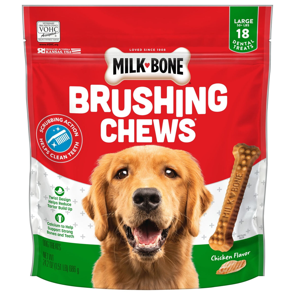 Milk-Bone Brushing Chews Original (Pollo), Large, 18 unidades, bolsa 24.2 oz