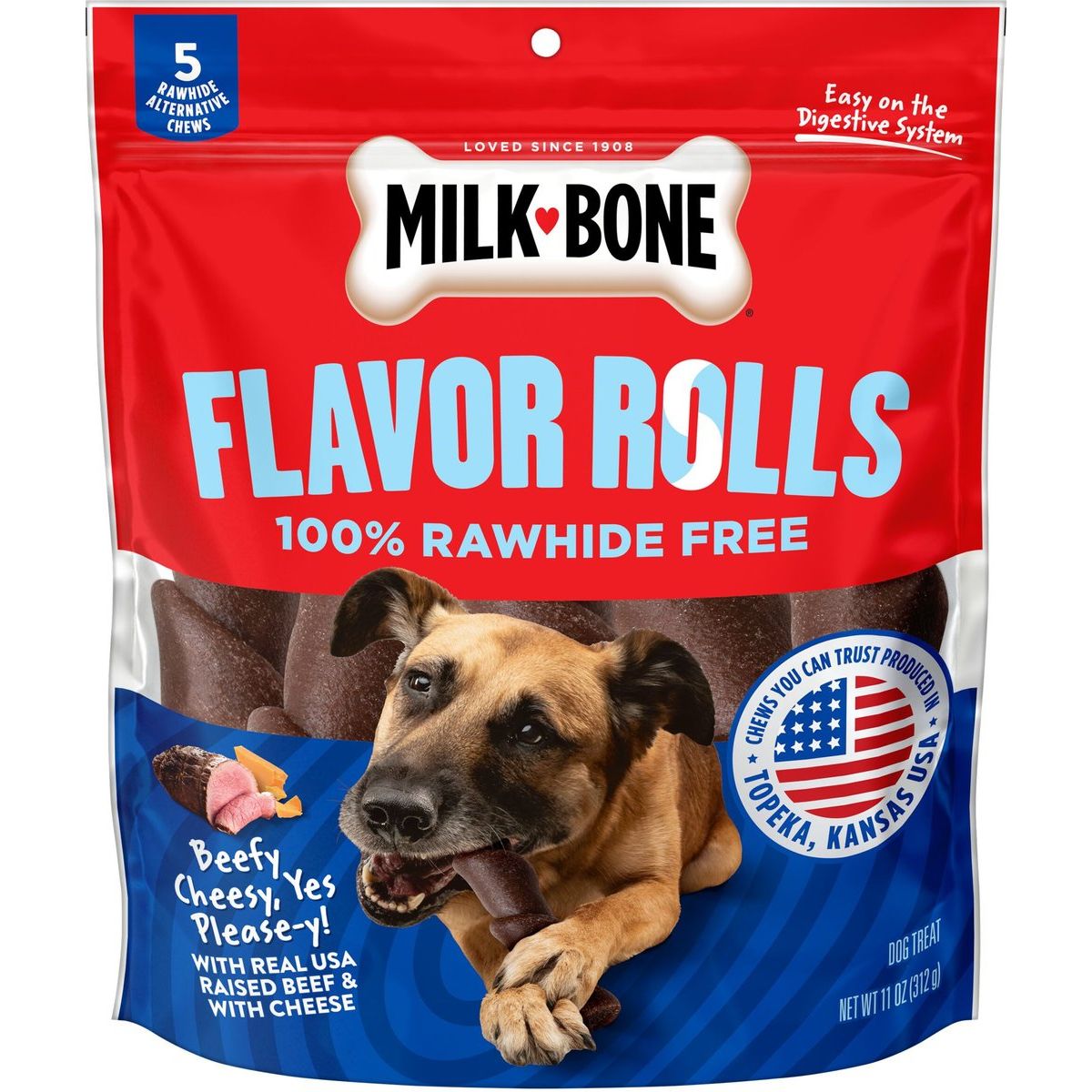 Milk-Bone Flavor Rolls Res y Queso, bolsa de 5 masticables