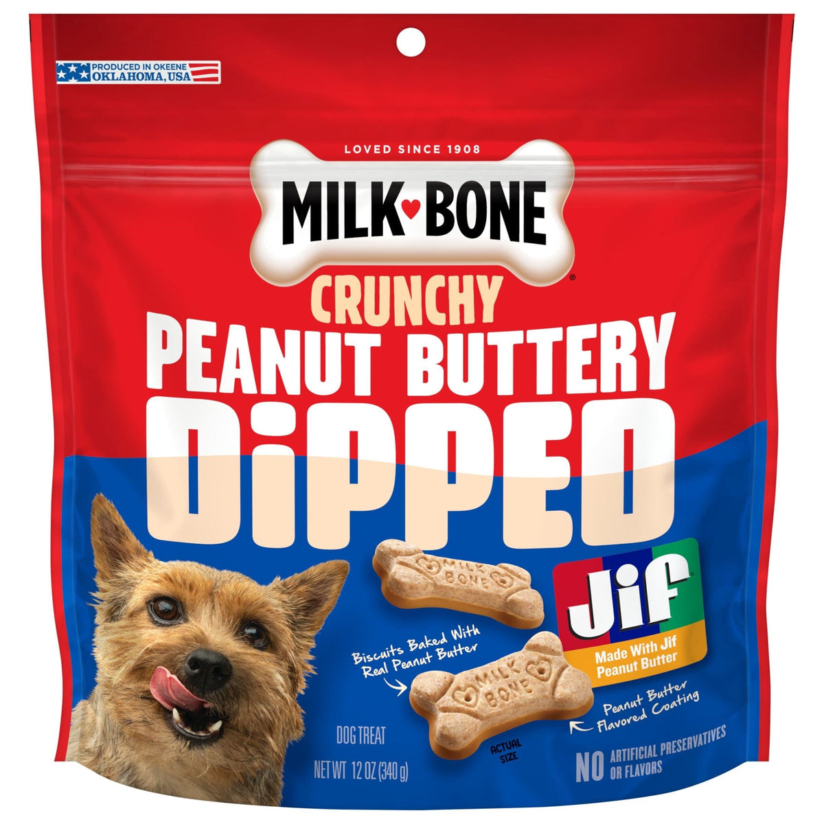 Milk-Bone Peanut Buttery Dipped Jif, bolsa de 12 oz / 340 g, fotografía exacta del empaque